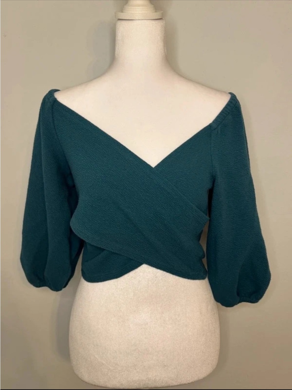 Maeve Teal Wrap V-Neck Puff Sleeve Crop Top